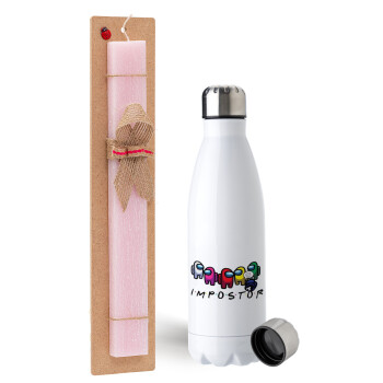 Among US impostor, Easter Set, metallic stainless steel water bottle (750ml) & scented flat Easter candle (30cm) (PINK)