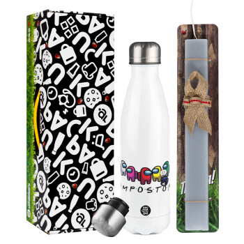 Among US impostor, Easter candle, metallic white thermos bottle (500ml) & aromatic flat candle (30cm) (GRAY)