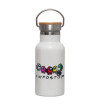 Metallic thermos (Stainless steel) White with wooden lid (bamboo), double-walled, 350ml