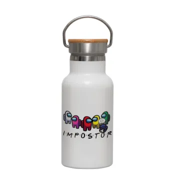 Among US impostor, Μεταλλικό παγούρι θερμός (Stainless steel) Λευκό με ξύλινο καπακι (bamboo), διπλού τοιχώματος, 350ml