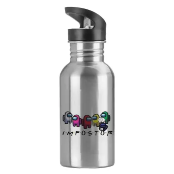 Among US impostor, Water bottle Silver with straw, stainless steel 600ml