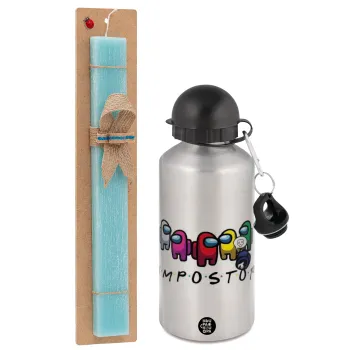 Among US impostor, Easter Set, metallic silver aluminum water bottle (500ml) & scented flat Easter candle (30cm) (TURQUOISE)