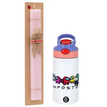 Among US impostor, Easter Set, Children's thermal stainless steel water bottle with safety straw, pink/purple (350ml) & Easter scented flat candle (30cm) (PINK)