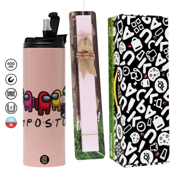 Among US impostor, Easter candle,Travel Tumbler 2 Lids, with metal straw & cleaning brush & aromatic flat candle (30cm) (PINK)
