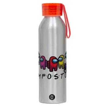 Among US impostor, Αλουμινένιο Αθλητικό Μπουκάλι 650ml – Ασημί με Κόκκινο Καπάκι και Λουράκι Σιλικόνης