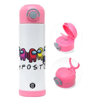 Among US impostor, Children's hot water bottle, stainless steel, with safety straw, PINK (500ml)
