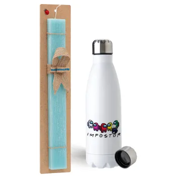 Among US impostor, Easter Set, metallic stainless steel water bottle (750ml) & aromatic flat Easter candle (30cm) (TURQUOISE)