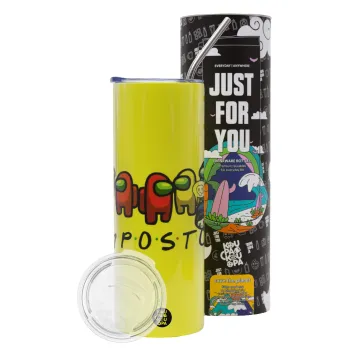 Among US impostor, Neon Yellow Travel Tumbler θερμό, μεταλλικό καλαμάκι(Ανωξείδωτο 304 Food grade, BPA free, 600ml)