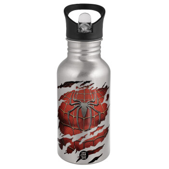 Spiderman cracked, Water bottle Silver with straw, stainless steel 500ml