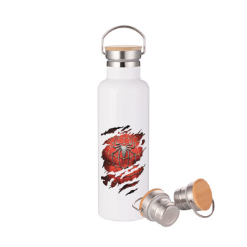 Spiderman cracked, Stainless steel White with wooden lid (bamboo), double wall, 750ml