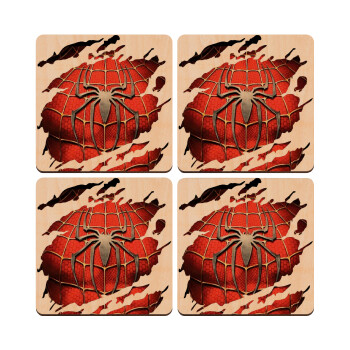 Spiderman cracked, ΣΕΤ x4 Σουβέρ ξύλινα τετράγωνα plywood (9cm)