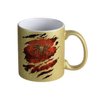 Spiderman cracked, Κούπα Χρυσή Glitter που γυαλίζει, κεραμική, 330ml