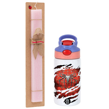 Spiderman cracked, Easter Set, Children's thermal stainless steel water bottle with safety straw, pink/purple (350ml) & Easter scented flat candle (30cm) (PINK)
