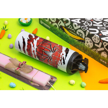 Spiderman cracked, Πασχαλινή Λαμπάδα με Travel Tumbler θερμό με διπλό καπάκι (600ml, BPA free) & κερί αρωματικό πλακέ (30cm) (ΡΟΖ)