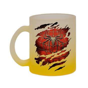 Spiderman cracked, Κούπα γυάλινη δίχρωμη με βάση το κίτρινο ματ, 330ml