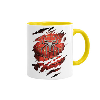 Spiderman cracked, Κούπα χρωματιστή κίτρινη, κεραμική, 330ml