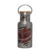 Stainless steel metallic thermos flask, silver with a bamboo lid, double-walled, 350ml.
