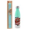 Easter Set, Metallic green/white thermos (Stainless steel), double-walled, 500ml & scented flat Easter candle (30cm) (TURQUOISE)