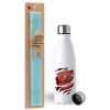 Easter Set, metallic stainless steel water bottle (750ml) & aromatic flat Easter candle (30cm) (TURQUOISE)
