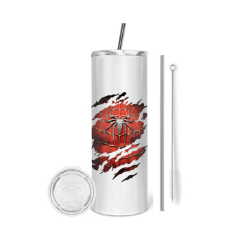 Spiderman cracked, Tumbler ποτήρι θερμό από ανοξείδωτο ατσάλι 600ml, με μεταλλικό καλαμάκι & βούρτσα καθαρισμού