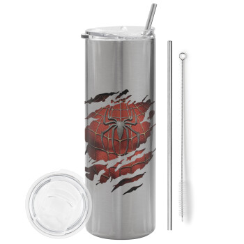 Spiderman cracked, Eco friendly stainless steel Silver tumbler 600ml, with metal straw & cleaning brush