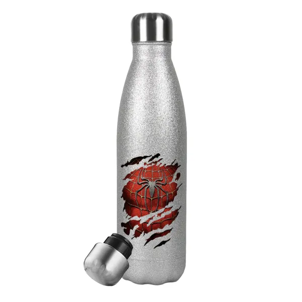 Spiderman cracked — Metallic Glitter Silver Thermos Flask (Stainless steel), double-walled, 500ml