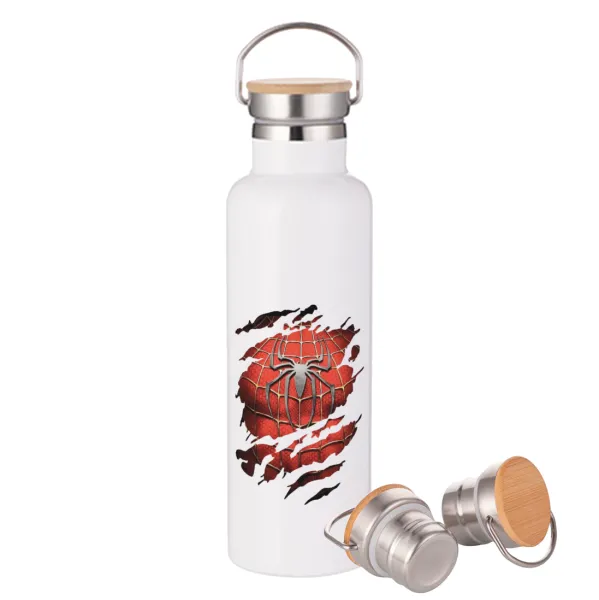 Spiderman cracked — Μεταλλικό παγούρι θερμός (Stainless steel) Λευκό με ξύλινο καπάκι (bamboo), διπλού τοιχώματος, 750ml