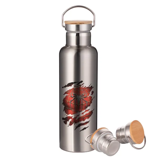 Spiderman cracked — Stainless steel Silver with wooden lid (bamboo), double wall, 750ml