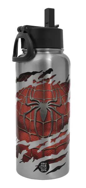 Spiderman cracked — Metal mug thermo Silver with Straw and Spout Lid (Stainless steel), double wall, 950ml