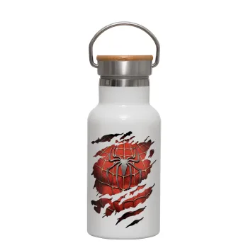 Spiderman cracked, Metallic thermos (Stainless steel) White with wooden lid (bamboo), double-walled, 350ml