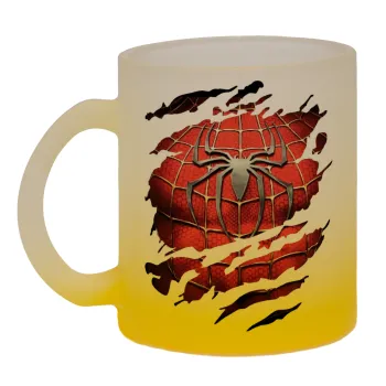 Spiderman cracked, Κούπα γυάλινη δίχρωμη με βάση το κίτρινο ματ, 330ml