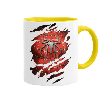 Spiderman cracked, Κούπα χρωματιστή κίτρινη, κεραμική, 330ml
