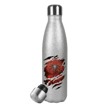 Spiderman cracked, Metallic Glitter Silver Thermos Flask (Stainless steel), double-walled, 500ml