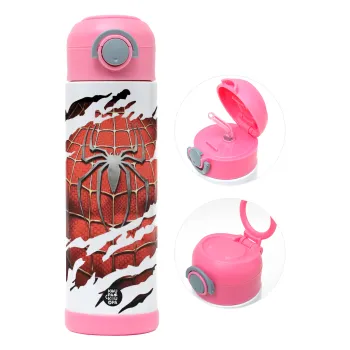 Spiderman cracked, Παιδικό παγούρι θερμό, ανοξείδωτο, με καλαμάκι ασφαλείας, ΡΟΖ (500ml)