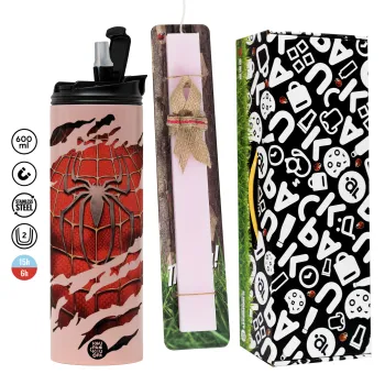 Spiderman cracked, Πασχαλινή Λαμπάδα με  ΡΟΖ Travel Tumbler θερμό (600ml, BPA free) & κερί αρωματικό πλακέ (30cm) (ΡΟΖ)