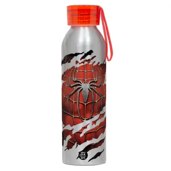 Spiderman cracked, Αλουμινένιο Αθλητικό Μπουκάλι 650ml – Ασημί με Κόκκινο Καπάκι και Λουράκι Σιλικόνης