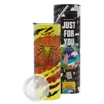 Spiderman cracked, Neon Yellow Travel Tumbler θερμό, μεταλλικό καλαμάκι(Ανωξείδωτο 304 Food grade, BPA free, 600ml)