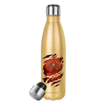 Spiderman cracked, Glitter gold stainless steel thermos bottle, double-walled, 500ml