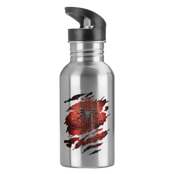 Spiderman cracked, Παγούρι νερού Ασημένιο με καλαμάκι, ανοξείδωτο ατσάλι 600ml