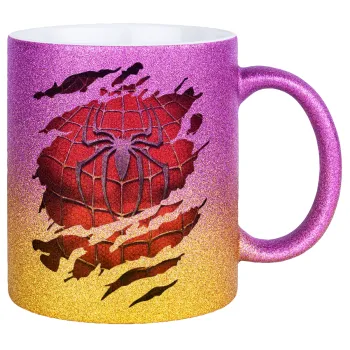 Spiderman cracked, Κούπα Χρυσή/Ροζ Glitter, κεραμική, 330ml