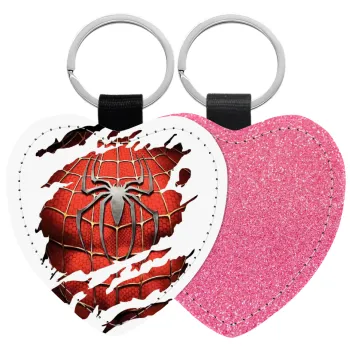 Spiderman cracked, Μπρελόκ PU δερμάτινο glitter καρδιά ΡΟΖ