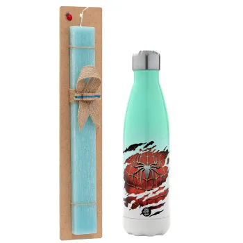 Spiderman cracked, Easter Set, Metallic green/white thermos (Stainless steel), double-walled, 500ml & scented flat Easter candle (30cm) (TURQUOISE)
