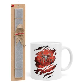 Spiderman cracked, Πασχαλινή Λαμπάδα με Κούπα κεραμική (330ml) & κερί αρωματικό πλακέ (30cm) (ΓΚΡΙ)