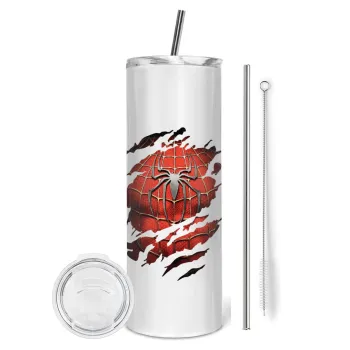 Spiderman cracked, Tumbler ποτήρι θερμό από ανοξείδωτο ατσάλι 600ml, με μεταλλικό καλαμάκι & βούρτσα καθαρισμού