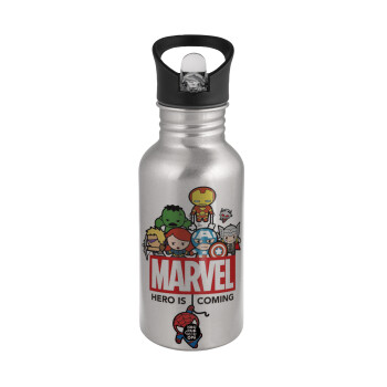 MARVEL, Water bottle Silver with straw, stainless steel 500ml