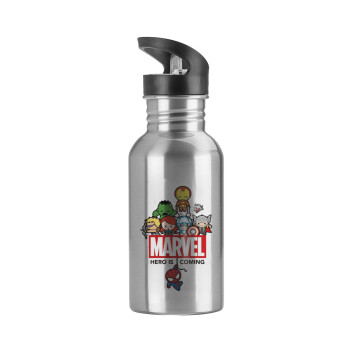 MARVEL, Water bottle Silver with straw, stainless steel 600ml