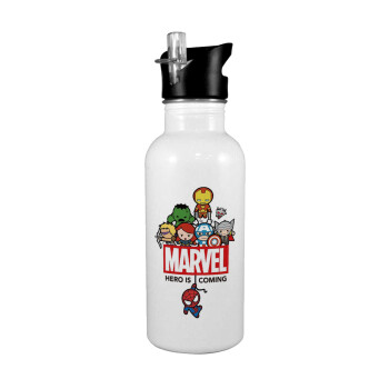 MARVEL, White water bottle with straw, stainless steel 600ml
