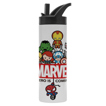 MARVEL, Μεταλλικό παγούρι θερμός με καλαμάκι & χειρολαβή, ανοξείδωτο ατσάλι (Stainless steel 304), διπλού τοιχώματος, 600ml