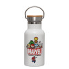 Metallic thermos (Stainless steel) White with wooden lid (bamboo), double-walled, 350ml
