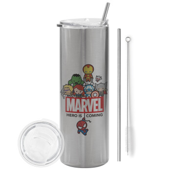 MARVEL, Eco friendly stainless steel Silver tumbler 600ml, with metal straw & cleaning brush